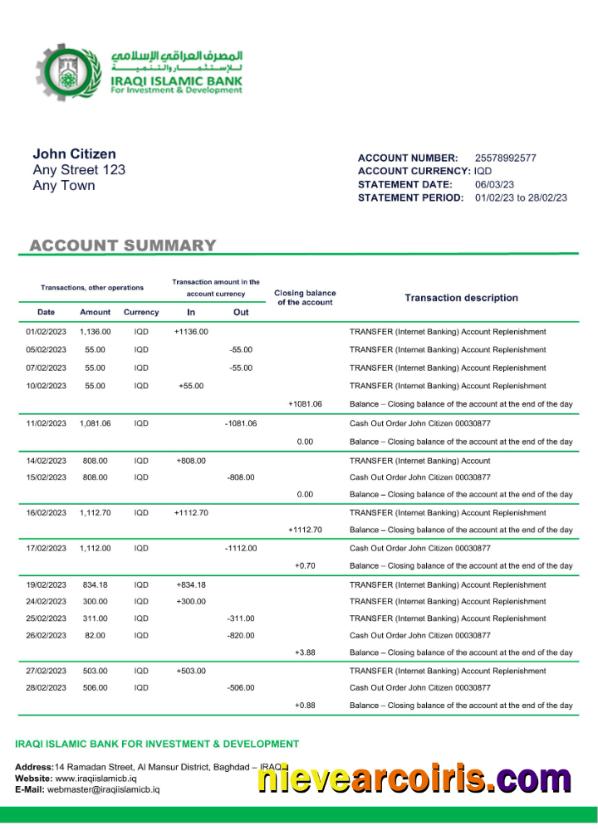 Iraq Islamic Bank For Investment & Development bak statement Word and PDF
